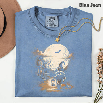 Vintage Halloween Mouse Witch T-Shirt, Full Moon Pumpkin House Sepia Trick or Treat Spooky Fall Tee