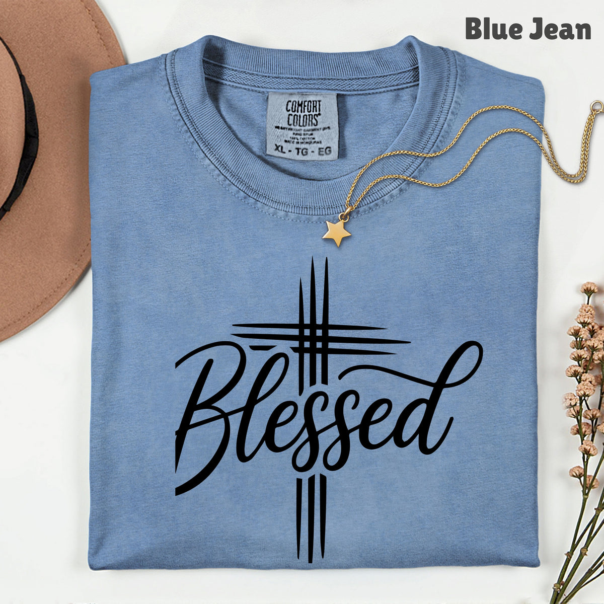 Blessed Cross Christian T-Shirt, Script Cursive Faith Minimalist Religious Tee Sweatshirt
