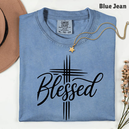 Blessed Cross Christian T-Shirt, Script Cursive Faith Minimalist Religious Tee Sweatshirt