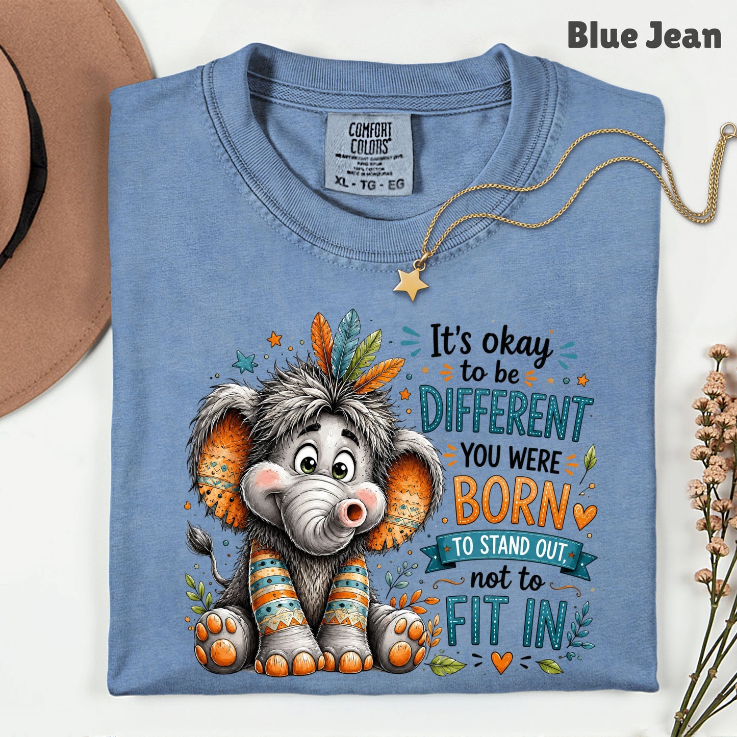 It's Okay to Be Different Elephant T-Shirt, Cute Feathers Stand Out Quote Tee