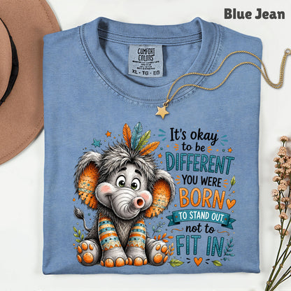 It's Okay to Be Different Elephant T-Shirt, Cute Feathers Stand Out Quote Tee