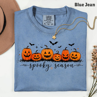 Spooky Season Jack O Lantern T-Shirt, Pumpkin Patch Bats Cursive Halloween Tee Sweatshirt
