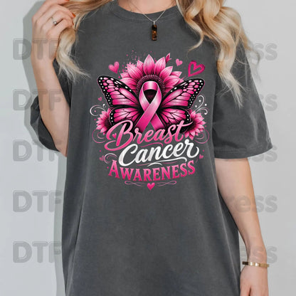 Breast Cancer Awareness Pink Butterfly Sunflower DTF Transfer Ready to Press Heat Transfer Tees