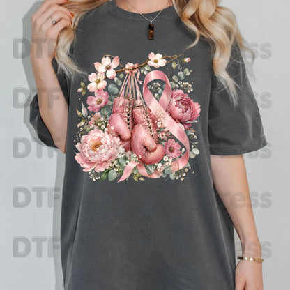 Pink Boxing Gloves Breast Cancer Awareness DTF Transfer Ready to Press Heat Transfer Floral Ribbon Tee