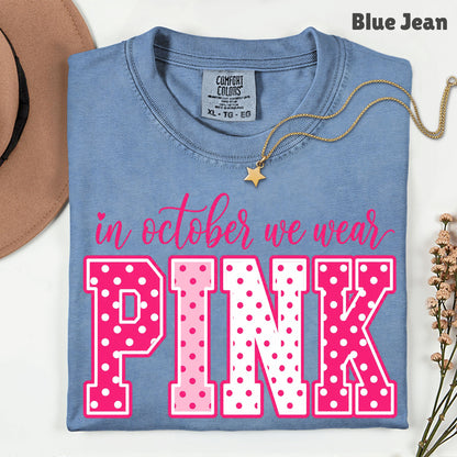 Breast Cancer Awareness In October We Wear Pink T-Shirt, Varsity Polka Dot Women Tee