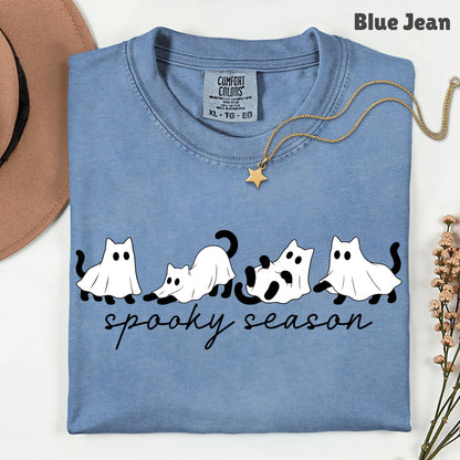 Spooky Season Ghost Cats Halloween T-Shirt, Black Cats Ghost Line Art Minimalist Tee