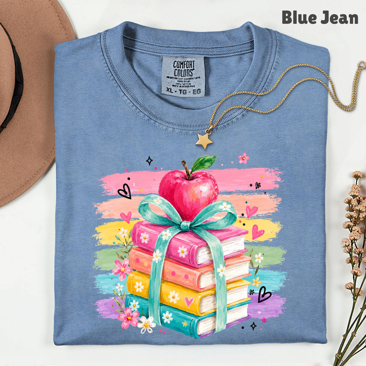 Coquette Stacked Books Teacher T-Shirt, Apple Ribbon Colorful Brushstrokes Comfort Color Tee