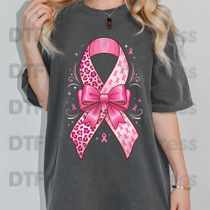Leopard Pink Ribbon Bow Breast Cancer Awareness DTF Transfer Ready to Press Heat Transfer Tee