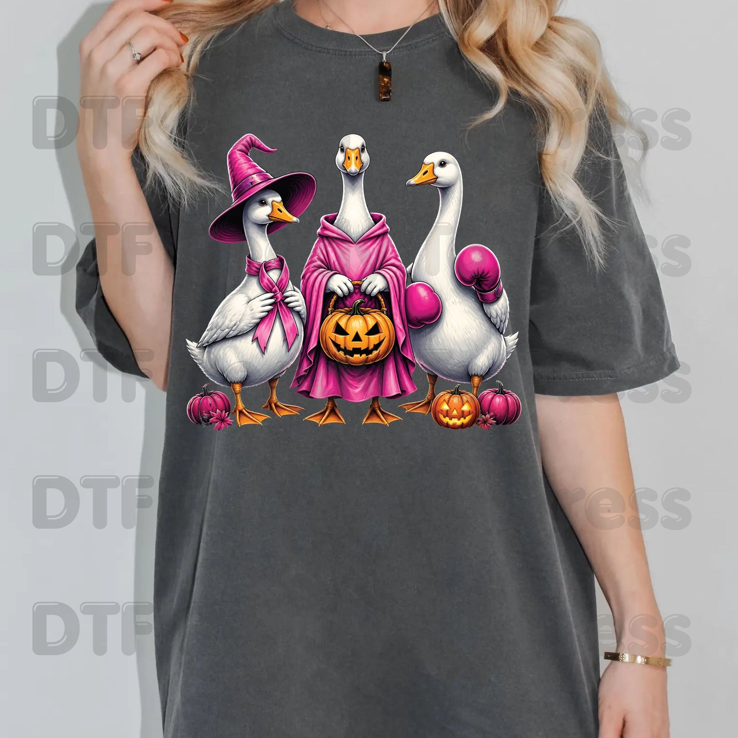 Pink Goose Breast Cancer Awareness Halloween DTF Transfer Ready to Press Spooky Heat Transfer Tee