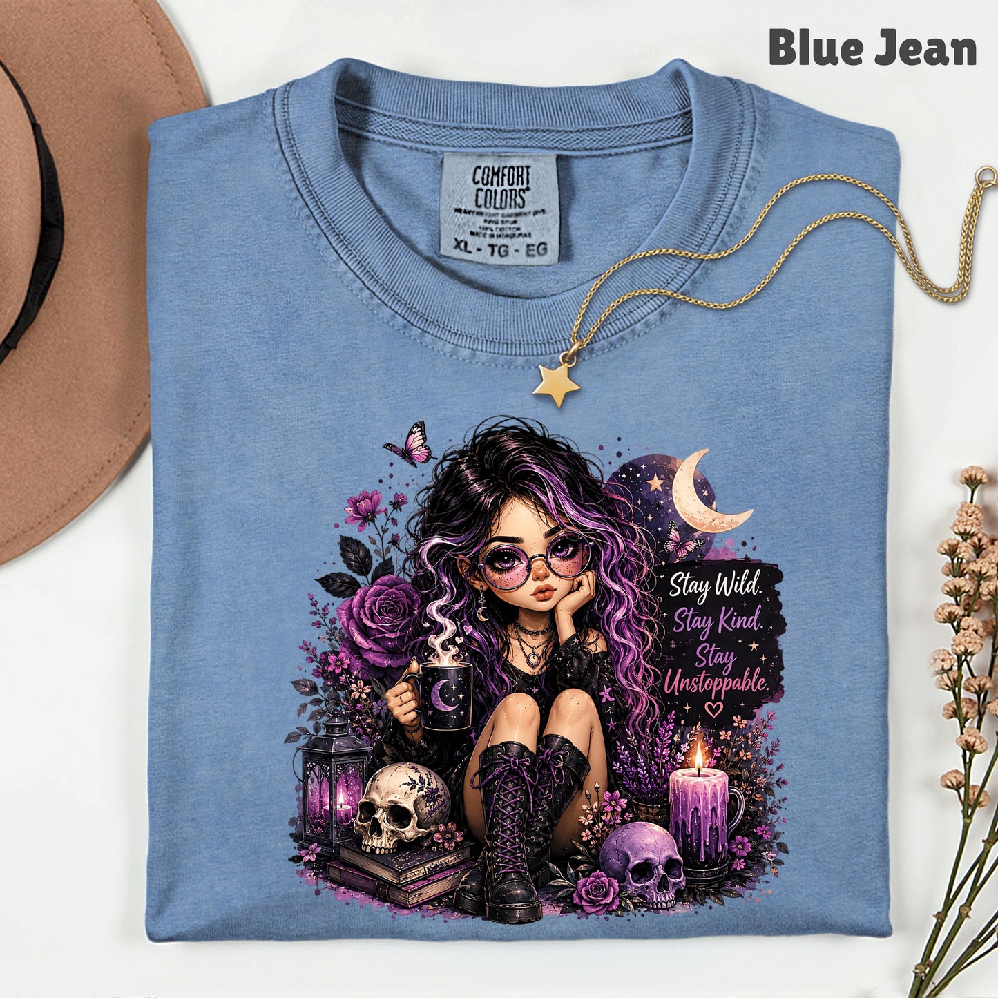 Stay Wild Stay Kind Goth Girl Skull T-Shirt, Purple Crescent Moon Witchy Tee