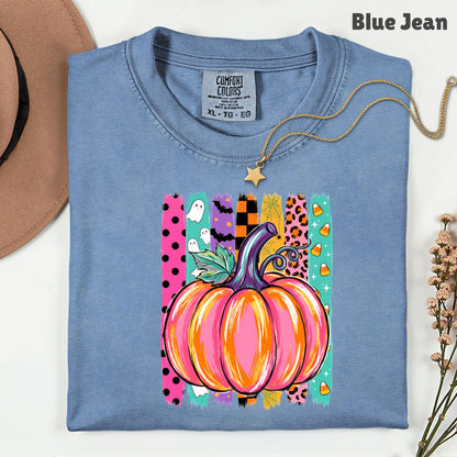 Halloween Pumpkin Brush Strokes Leopard Ghosts Candy Corn T-Shirt, Spooky Season Tee