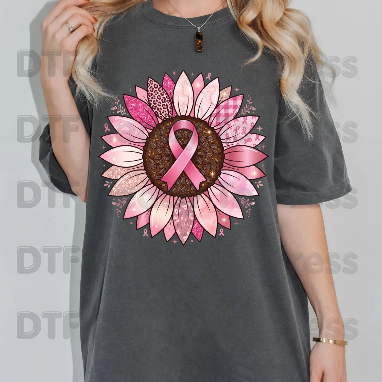 Pink Sunflower Breast Cancer Awareness DTF Transfer Ready to Press Heat Transfer Ribbon Tee