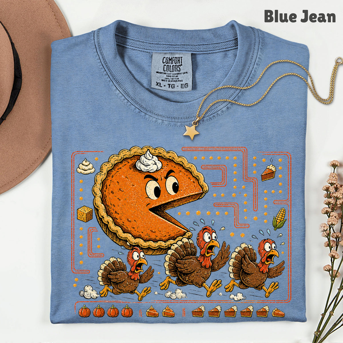 Funny Thanksgiving Pacman Pumpkin Pie T-Shirt, Chasing Turkeys Maze Video Game Tee