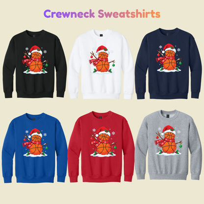 Christmas Basketball Snowman T-Shirt, Santa Hat and Scarf Holiday Sports Graphic Tee