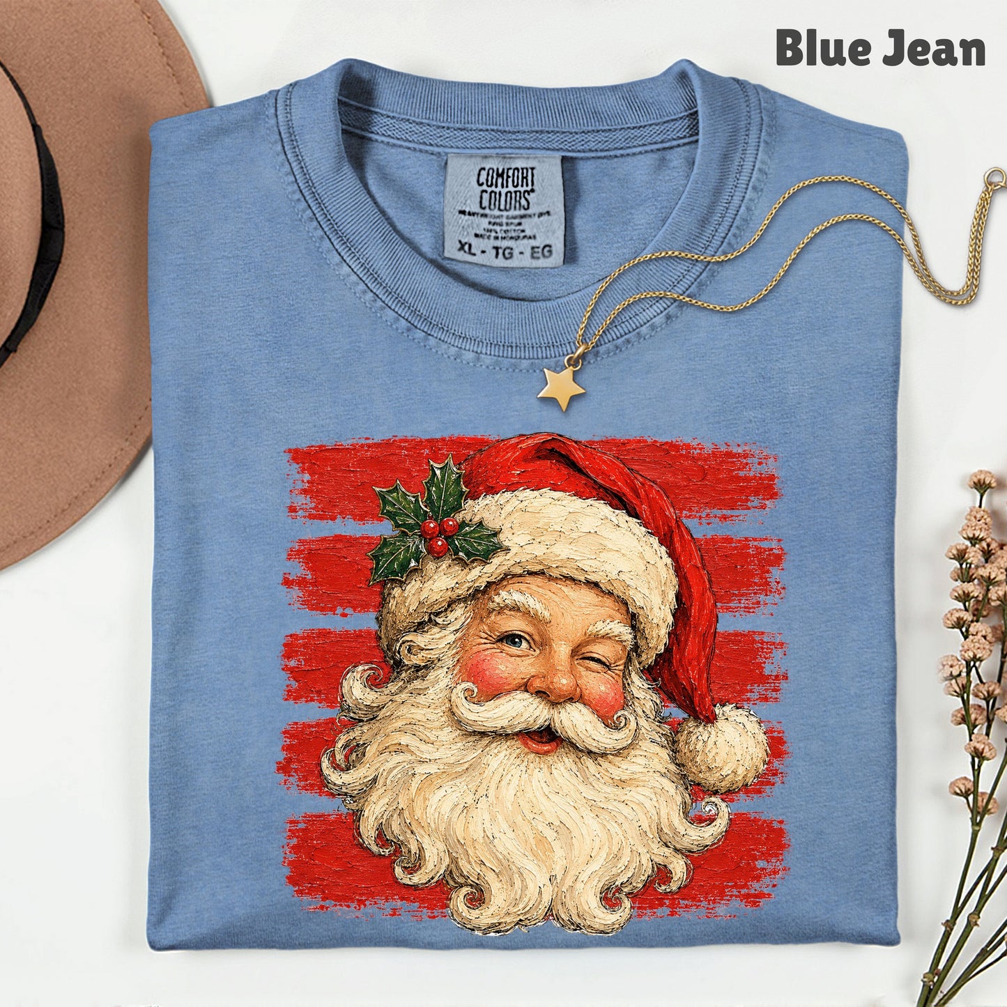 Vintage Winking Santa Christmas T-Shirt, Retro Red Stripes Nostalgic Holiday Comfort Color Tee
