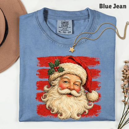 Vintage Winking Santa Christmas T-Shirt, Retro Red Stripes Nostalgic Holiday Comfort Color Tee