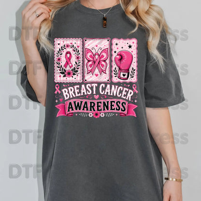 Breast Cancer DTF Transfer Ready to Press Pink Cards Ribbon Butterfly Boxing Glove Heat Transfer Tee Print Direct to Film