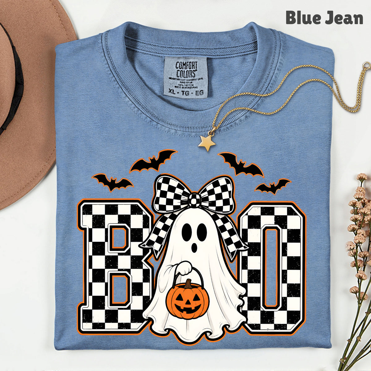 Boo Checkered Bow Ghost Halloween T-Shirt, Pumpkin Bucket Bats Retro Tee Sweatshirt