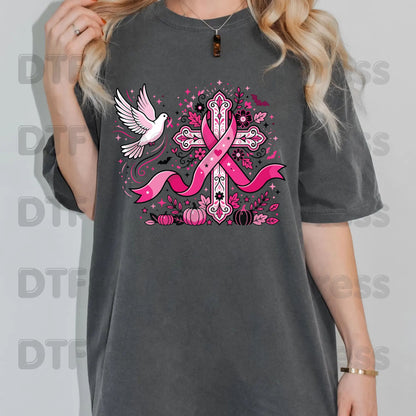 Pink Cross Dove Breast Cancer Awareness DTF Transfer Ready to Press Faith Heat Transfer Tee