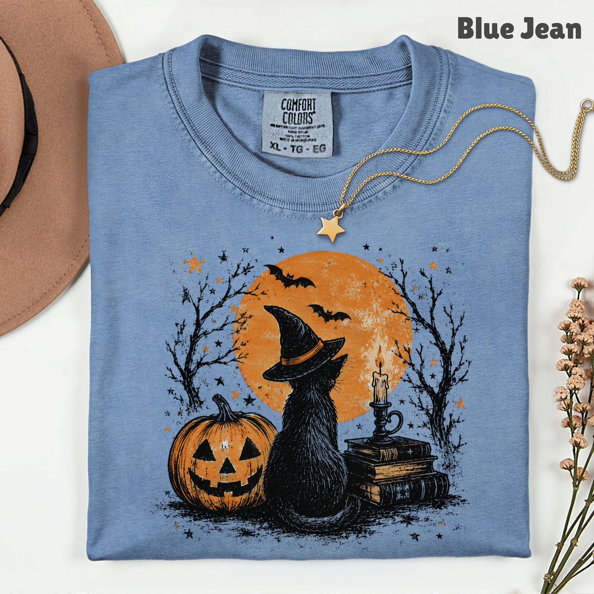 Halloween Black Cat Witch T-Shirt, Full Moon Pumpkin Spooky Vintage Books Magic Tee