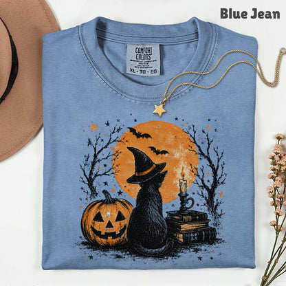 Halloween Black Cat Witch T-Shirt, Full Moon Pumpkin Spooky Vintage Books Magic Tee
