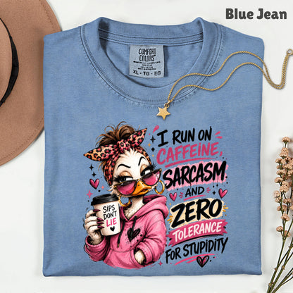 Funny Duck Caffeine T-Shirt, I Run on Caffeine Coffee Messy Bun Leopard Bow Women Tee