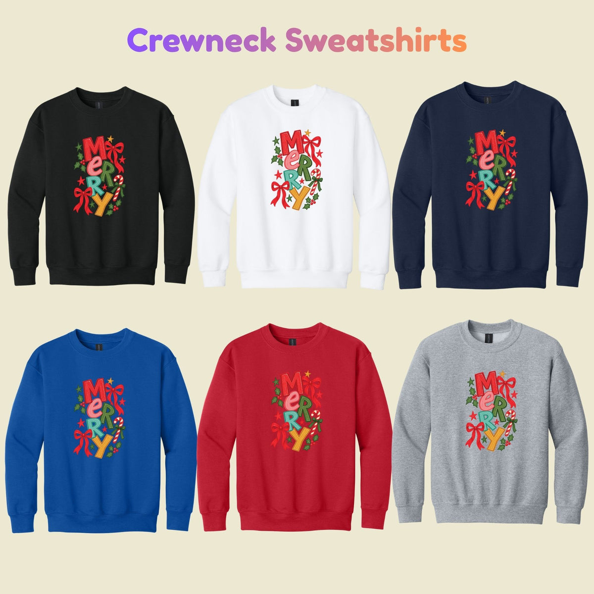 Merry Christmas T-Shirt, Colorful Lettering Red Bow Tee, Candy Cane Holiday Sweatshirt