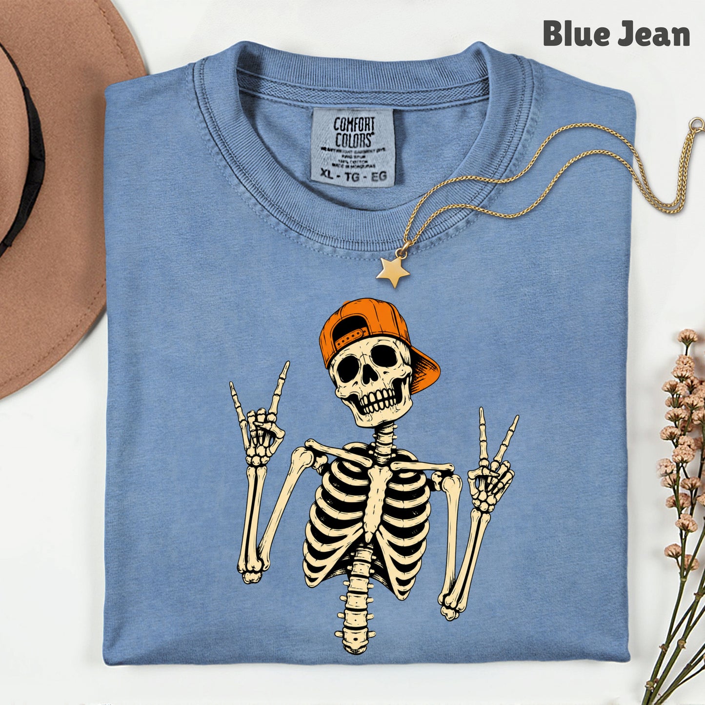 Cool Skeleton Rock On T-Shirt, Peace Sign Halloween Orange Hat Spooky Tee