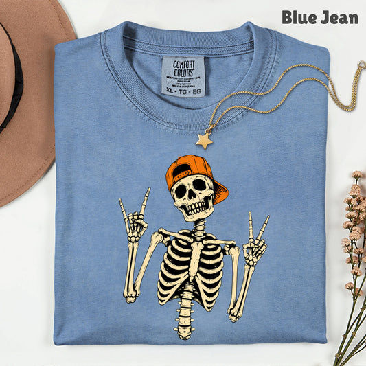 Cool Skeleton Rock On T-Shirt, Peace Sign Halloween Orange Hat Spooky Tee