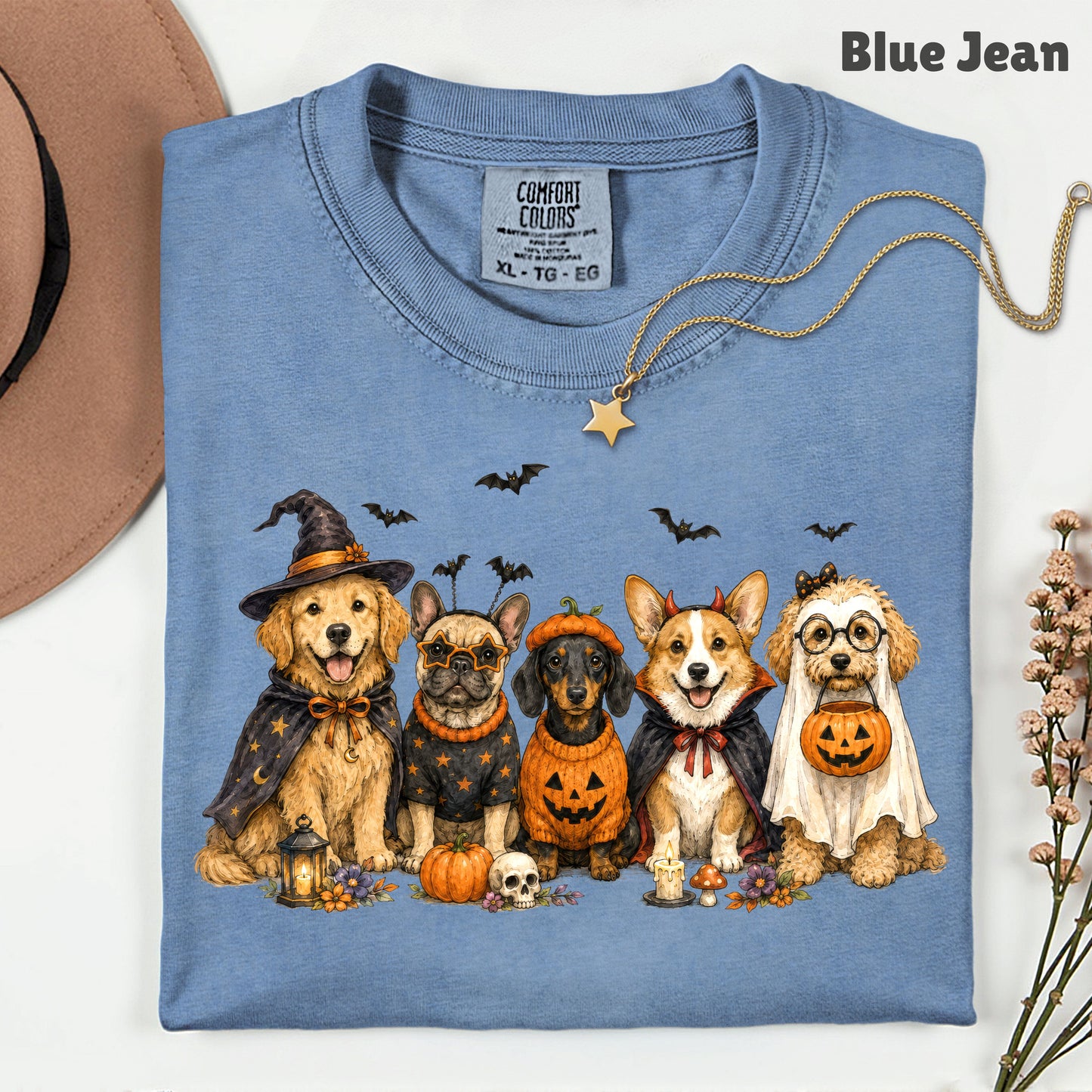Halloween Dogs Comfort Colors T Shirts Cute Witchy Puppy Pumpkin Tees Spooky Costume Corgi Frenchie Golden Retriever Shirt Autumn Fall Graphic Hoodie