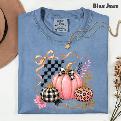 Pink Coquette Fall Pumpkin T-Shirt, Leopard Plaid Ribbon Bow Checkered Autumn Tee