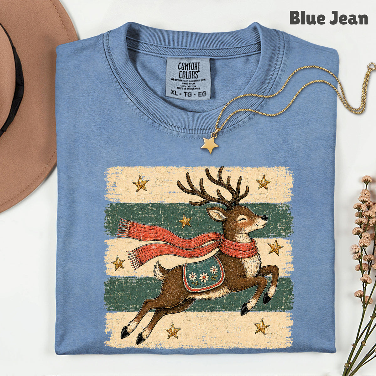 Vintage Christmas Reindeer T-Shirt, Flying Reindeer Scarf Retro Winter Comfort Color Tee