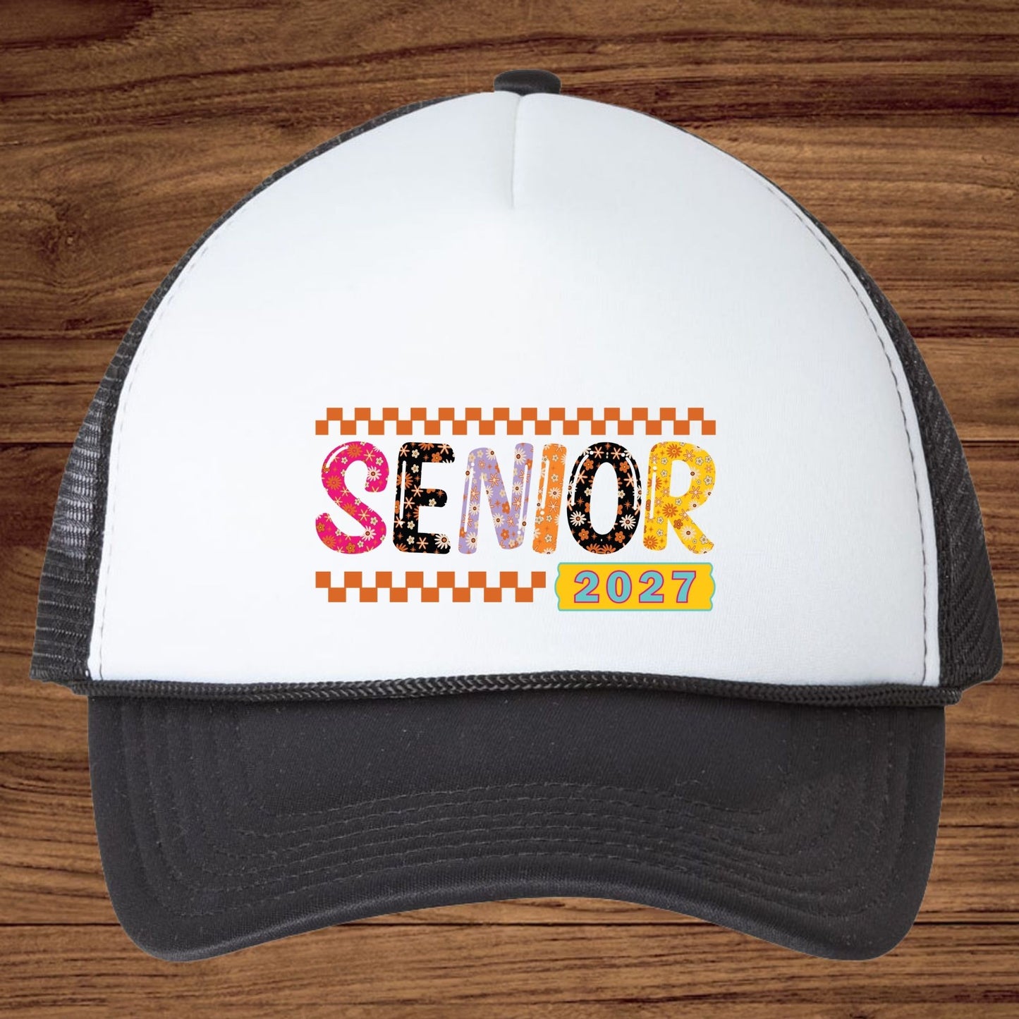 Senior 2027 DTF Transfer Ready to Press Graduation Heat Transfer for Shirts Groovy Retro Daisy Flowers Orange Checkerboard Tee