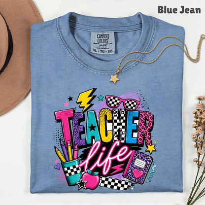 Retro Neon Teacher Life T-Shirt, Colorful Doodle Graffiti Checkerboard Sunglasses Back to School Tee