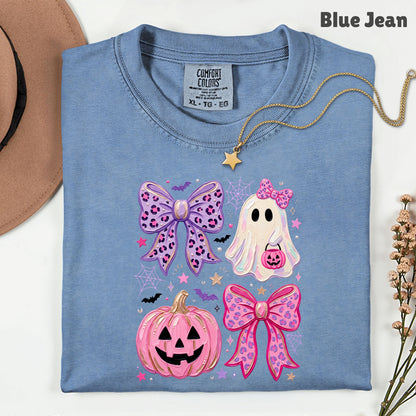 Coquette Halloween Ghost Pink Pumpkin Leopard Bow T-Shirt, Spooky Cute Tee