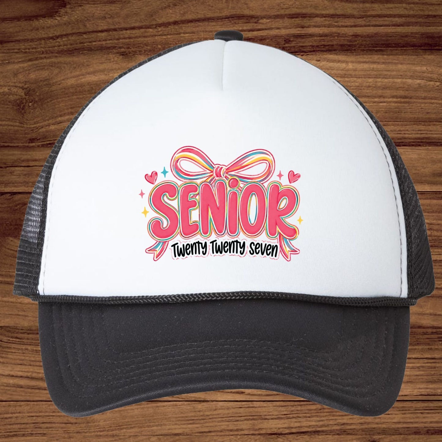 Senior Twenty Twenty Seven DTF Transfer Ready to Press Graduation Heat Transfer for Shirts Pink Multi Color Bow Retro Bubble Font Tee