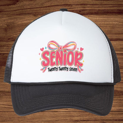 Senior Twenty Twenty Seven DTF Transfer Ready to Press Graduation Heat Transfer for Shirts Pink Multi Color Bow Retro Bubble Font Tee