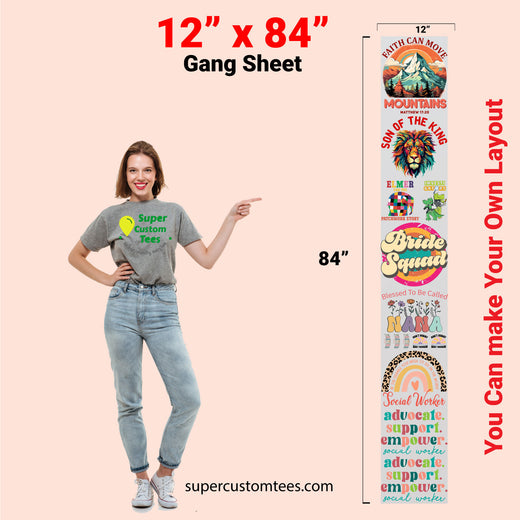 12 inch custom DTF gang sheet with multiple designs arranged for maximum coverage - 12"x84"