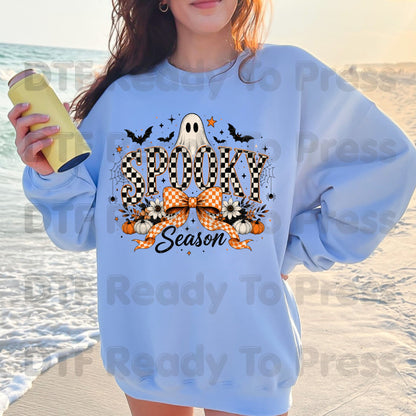 Halloween Spooky Season DTF Transfers, Checkered Bow Cute Ghost Bats Orange Plaid Pumpkins Ready to Press