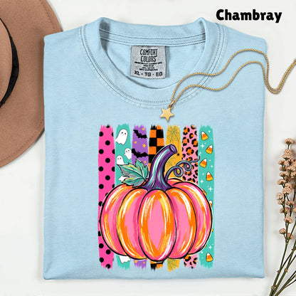 Halloween Pumpkin Brush Strokes Leopard Ghosts Candy Corn T-Shirt, Spooky Season Tee