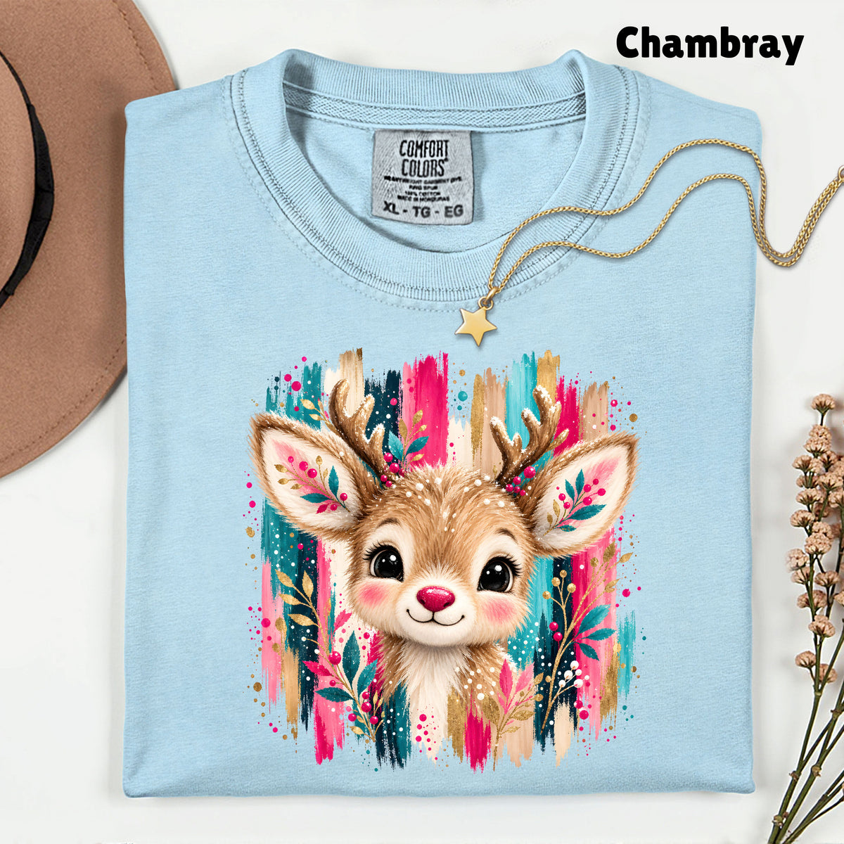 Cute Christmas Reindeer Floral Antlers T-Shirt, Pink Teal Gold Holiday Tee