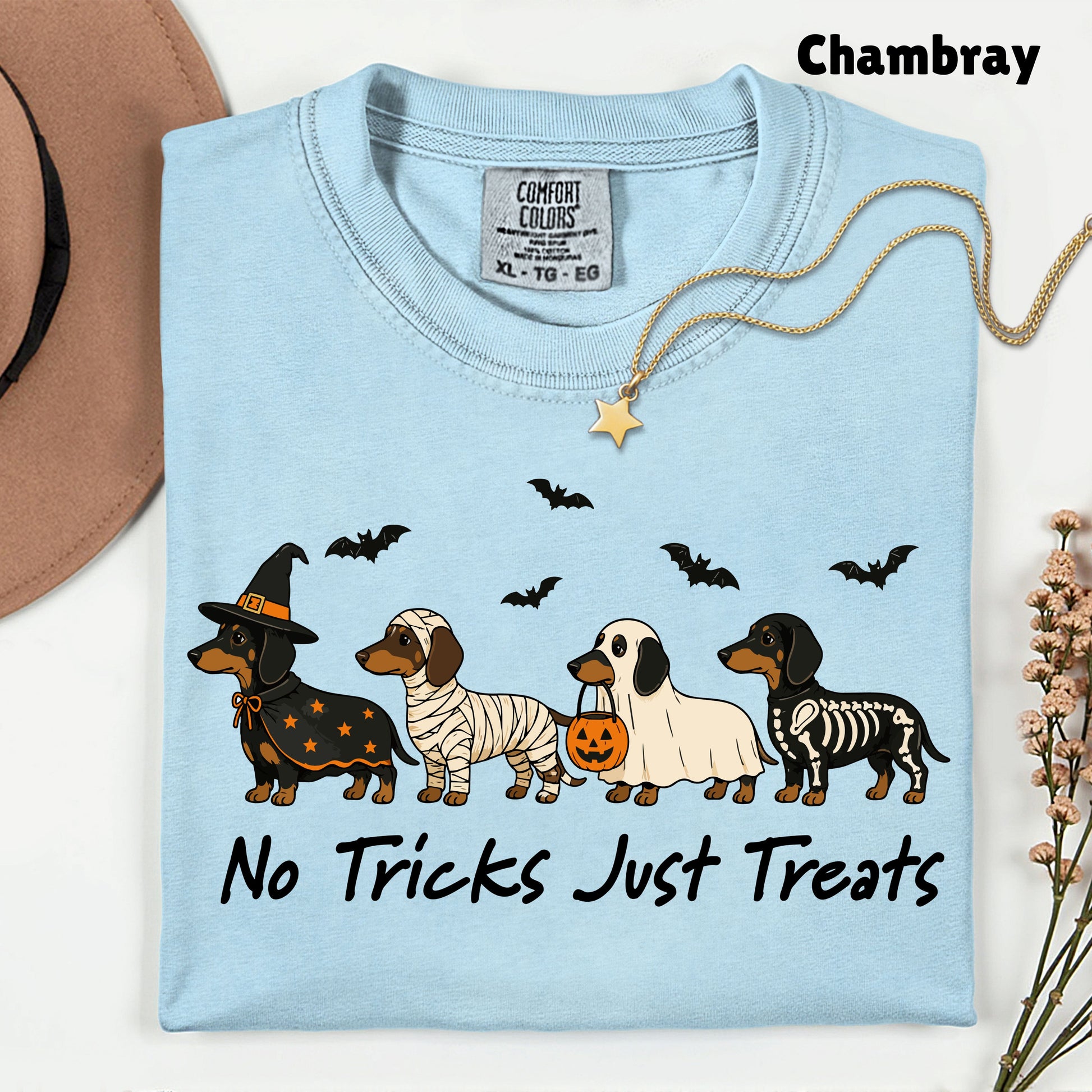 Dachshund Halloween Comfort Colors T Shirts No Tricks Just Treats Costume Tee Cute Ghost Mummy Witch Skeleton Dog Shirt Spooky Wiener Dog Hoodie
