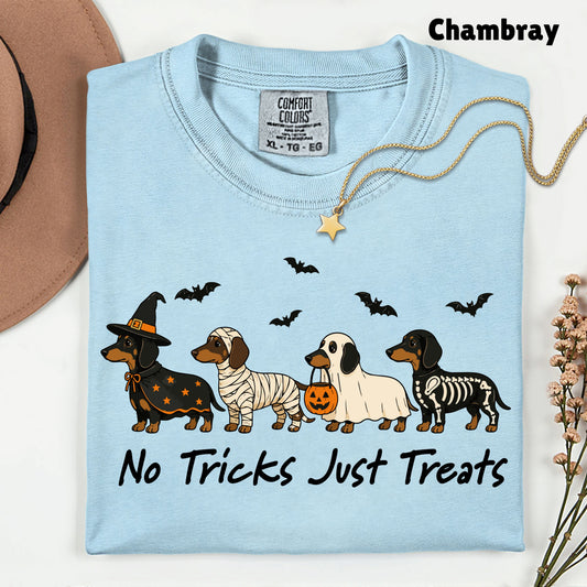 Dachshund Halloween Comfort Colors T Shirts No Tricks Just Treats Costume Tee Cute Ghost Mummy Witch Skeleton Dog Shirt Spooky Wiener Dog Hoodie
