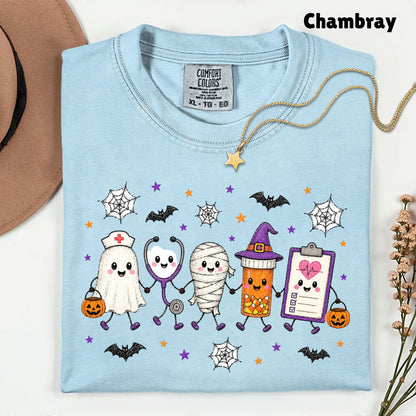 Spooky Nurse Squad Halloween Medical T-Shirt, Ghost Stethoscope Pill Bottle Tee