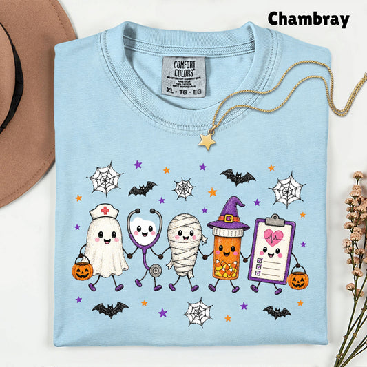 Spooky Nurse Squad Halloween Medical T-Shirt, Ghost Stethoscope Pill Bottle Tee