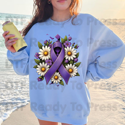 Purple Ribbon DTF Transfer Ready to Press Daisies Flowers Awareness Heat Transfer Tee Print Direct to Film Transfer