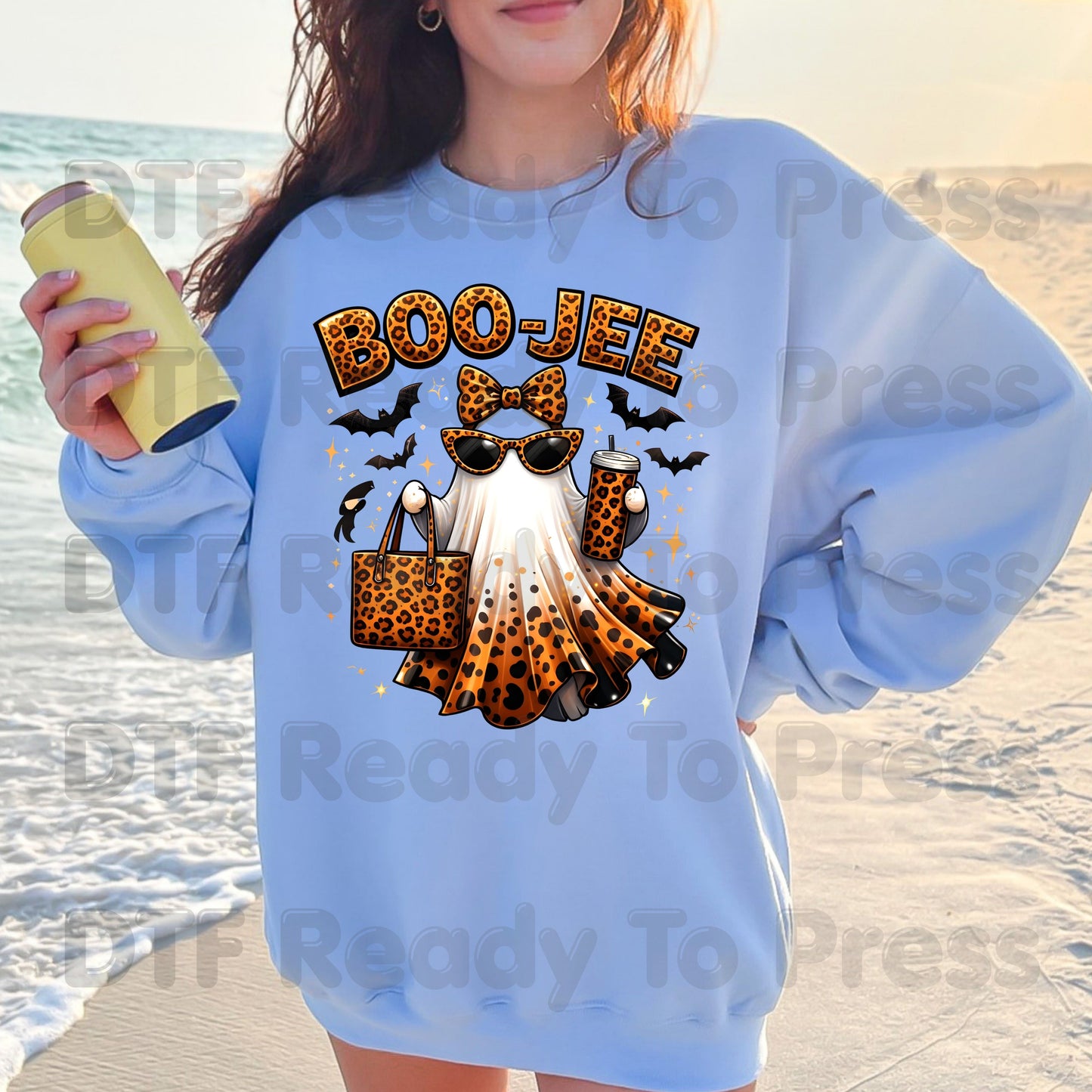 Halloween DTF Transfer Ready to Press Leopard Print Boojee Ghost with Purse Tumbler Glasses Heat Transfer Shirts Trendy Spooky Vibes Tees
