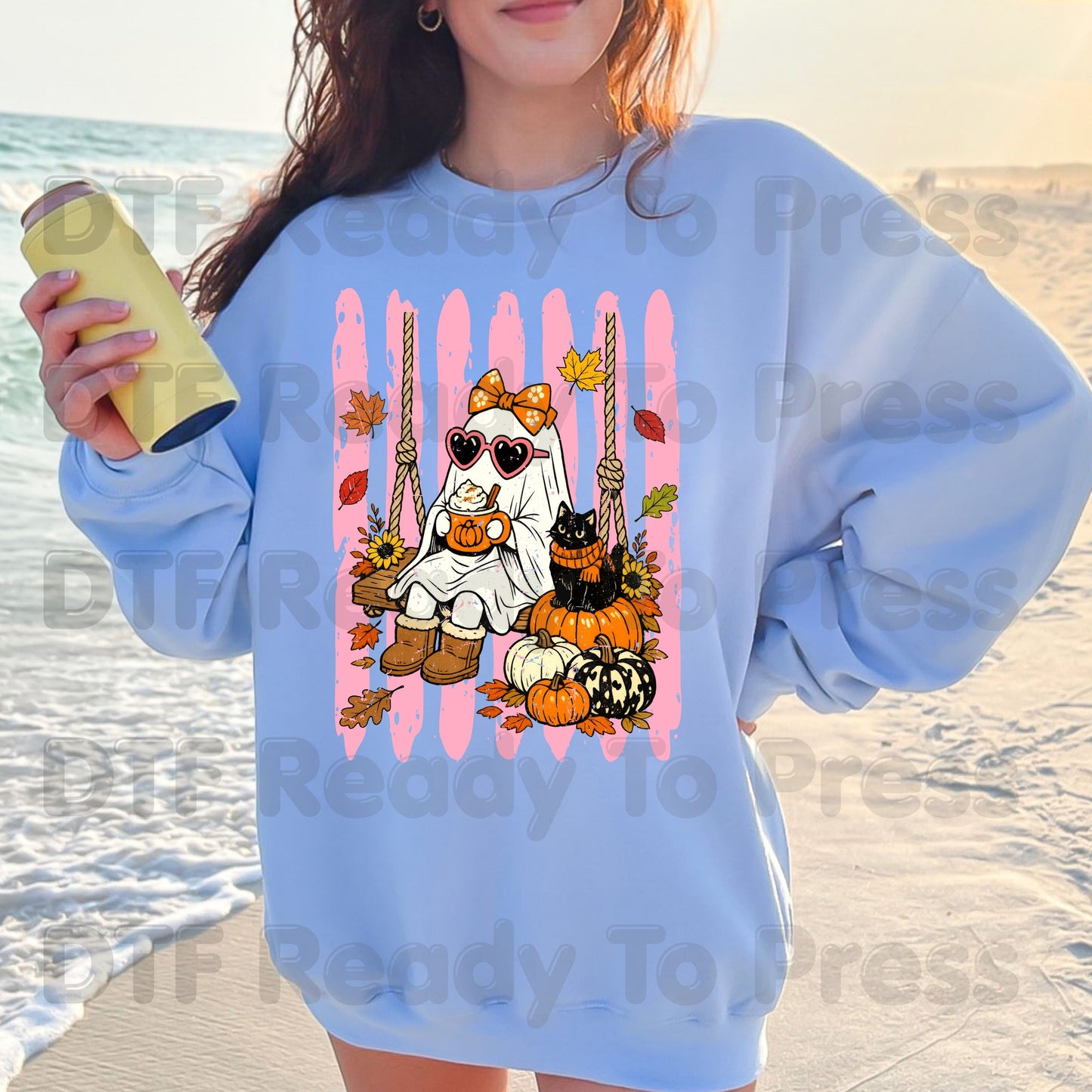 Halloween Ghost DTF Transfer Ready to Press Pink Cute Ghost Swing Heat Transfer For Shirts Spooky Vibes Pumpkin Spice Black Cat Autumn