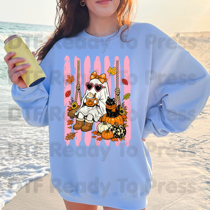 Halloween Ghost DTF Transfer Ready to Press Pink Cute Ghost Swing Heat Transfer For Shirts Spooky Vibes Pumpkin Spice Black Cat Autumn