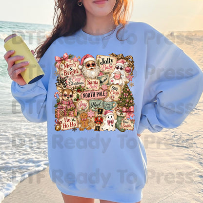 Cozy Pink Christmas Collage DTF Transfers, Santa Reindeer Gingerbread Nutcracker North Pole Holiday Ready to Press